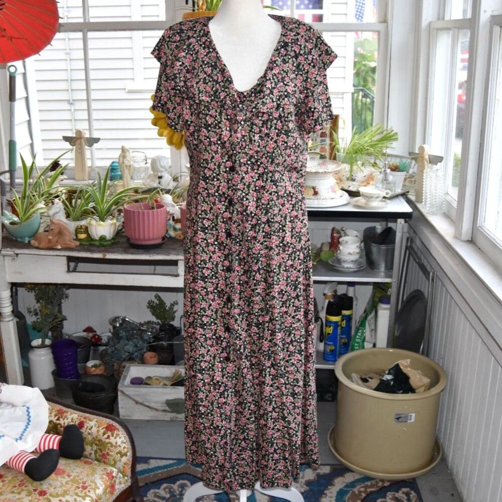 Vintage 90s Schemes Floral Rayon Maxi Dress Tie Front Cottagecore Size 14